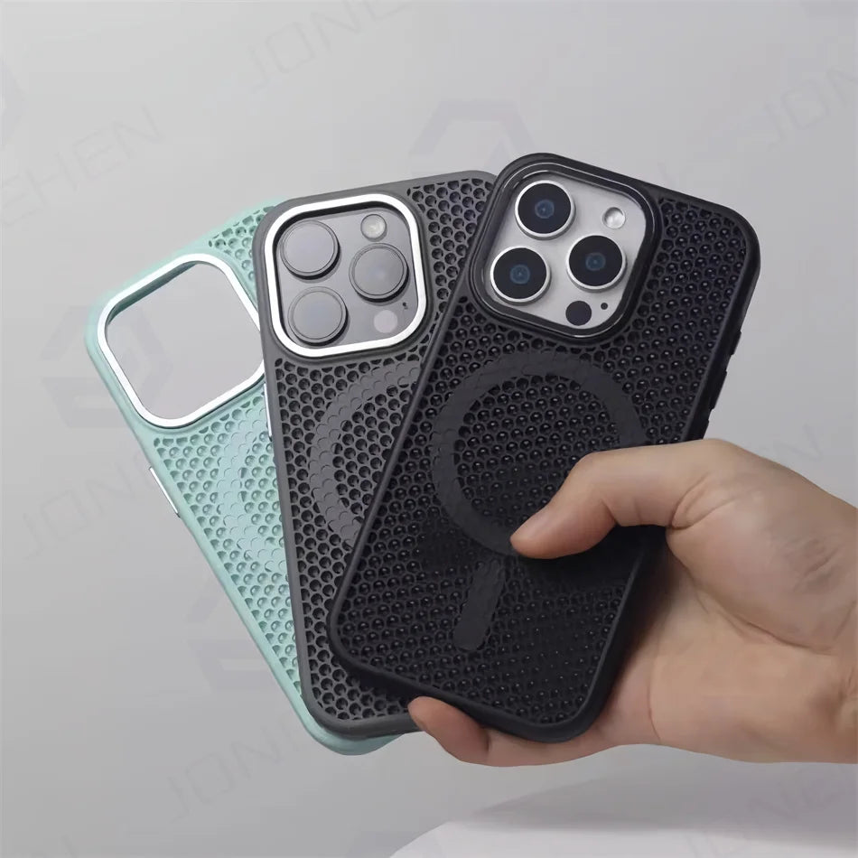 Malha de dissipação de calor para magsafe magnético caso de carga sem fio para iphone 16 15 14 plus 13 12 pro max armadura respirável capa
