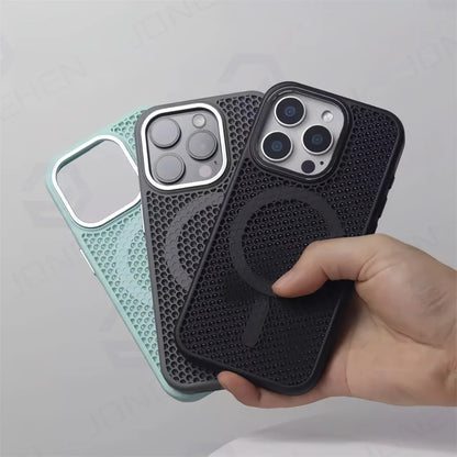 Malha de dissipação de calor para magsafe magnético caso de carga sem fio para iphone 16 15 14 plus 13 12 pro max armadura respirável capa