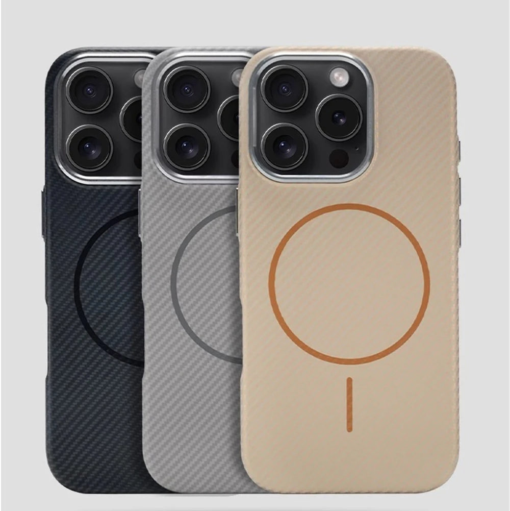 Luxo padrão de fibra carbono magnético fino caso duro para iphone 17 16 pro max 15 14 ar magsafe carga sem fio liga lente capa
