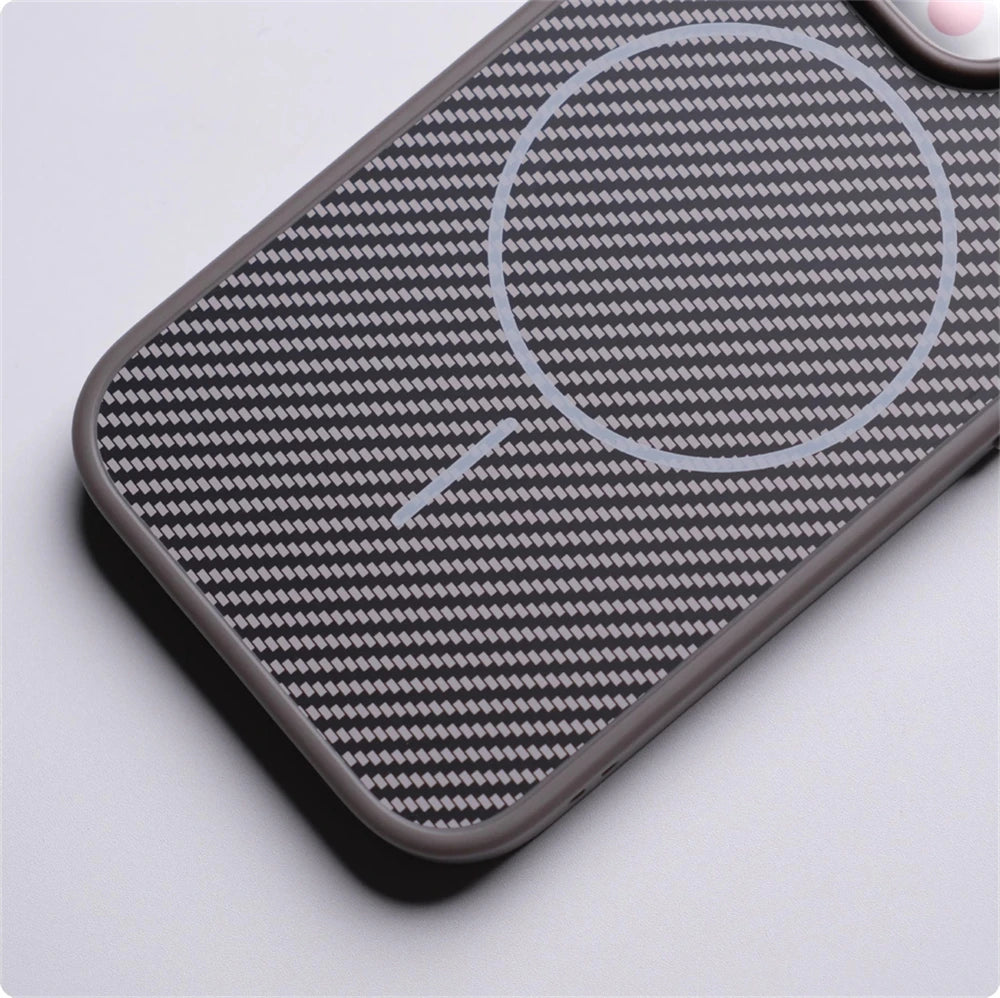 Capa magnética com botão de câmera de toque ativo para iPhone 16 15 Pro Max 14 13 Padrão de fibra de carbono para capa de carregamento sem fio MagSafe