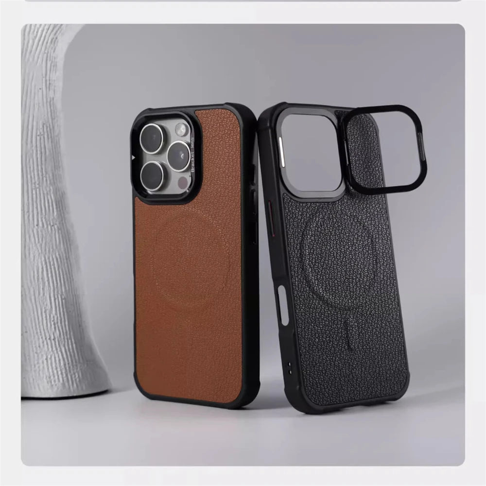 Suporte de lente de metal de couro de negócios caso magnético para iphone 16 pro max 15 14 plus 13 magsafe carregamento sem fio capa à prova de choque