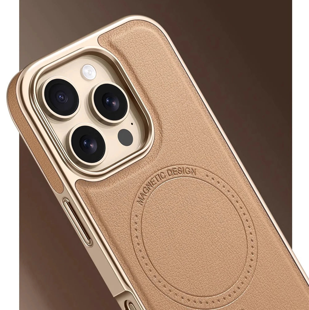 Negócios de luxo chapeamento couro do plutônio magnético pára-choques caso para iphone 17 ar 16 pro max 15 14 13 para magsafe capa à prova choque escudo