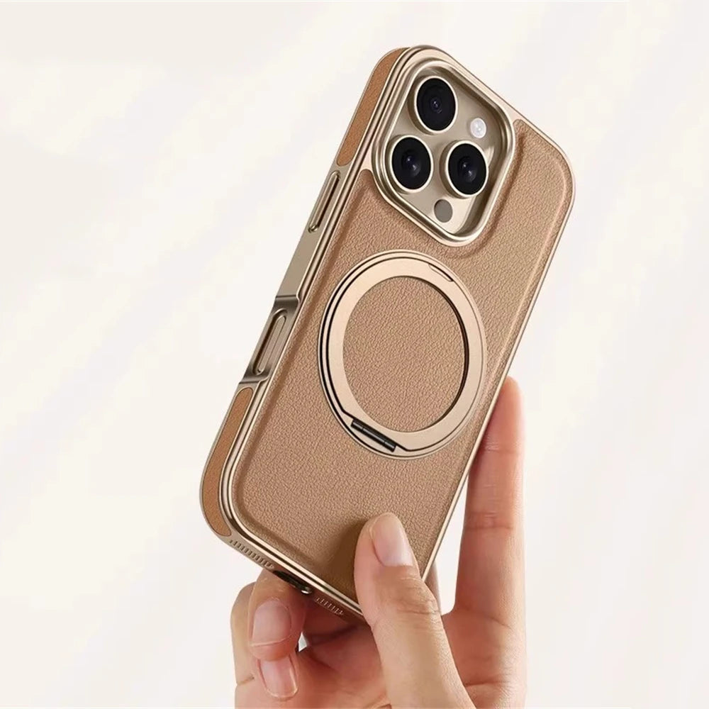 360 °   Suporte de liga rotativa negócios couro do plutônio caso magnético para iphone 17 ar 16 15 14 13 pro max para magsafe capa à prova de choque