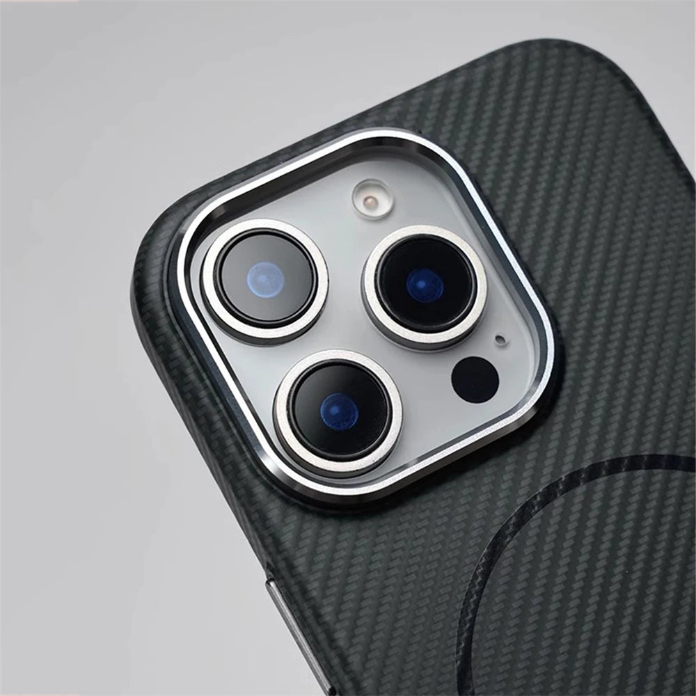 Luxo padrão de fibra carbono magnético fino caso duro para iphone 17 16 pro max 15 14 ar magsafe carga sem fio liga lente capa