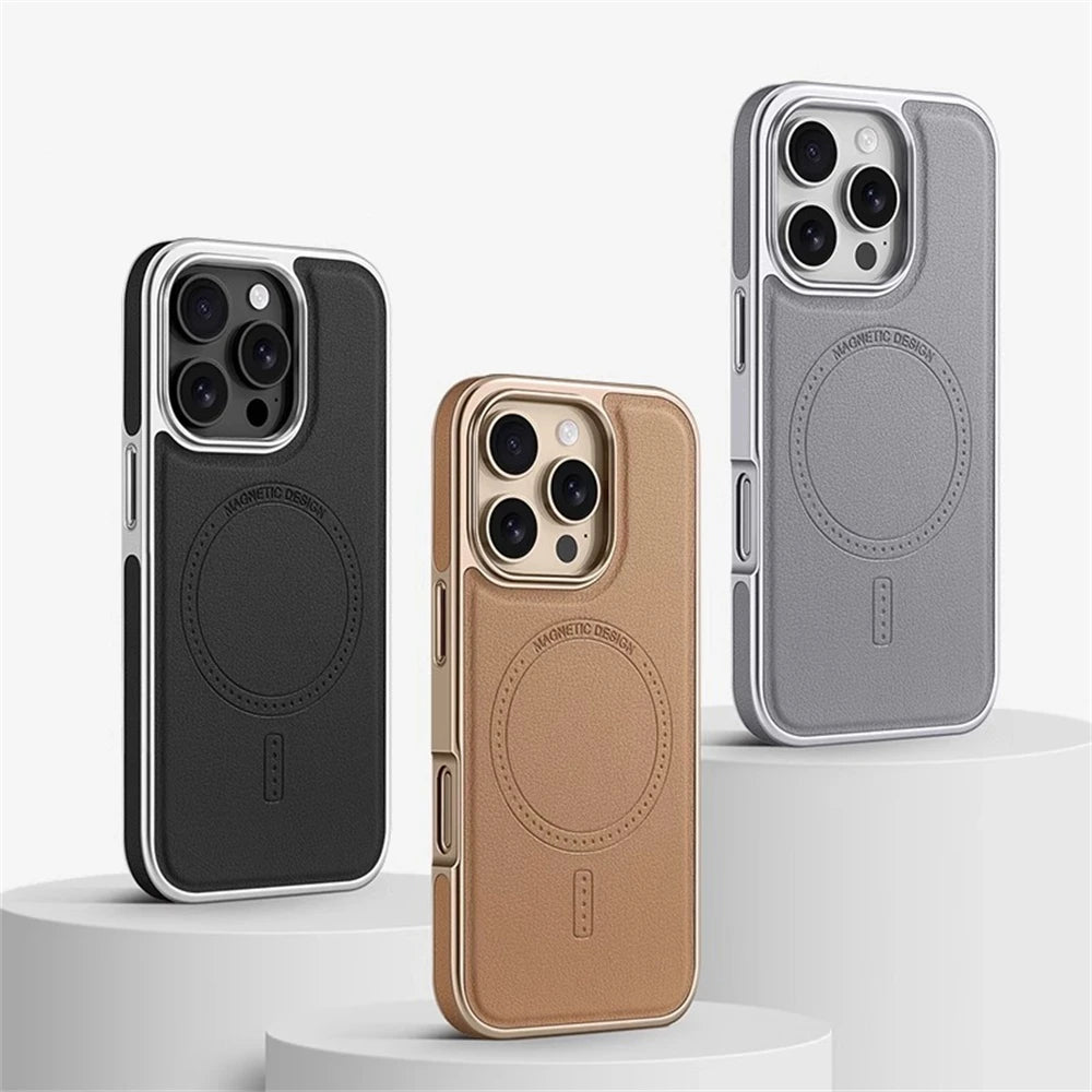 Negócios de luxo chapeamento couro do plutônio magnético pára-choques caso para iphone 17 ar 16 pro max 15 14 13 para magsafe capa à prova choque escudo