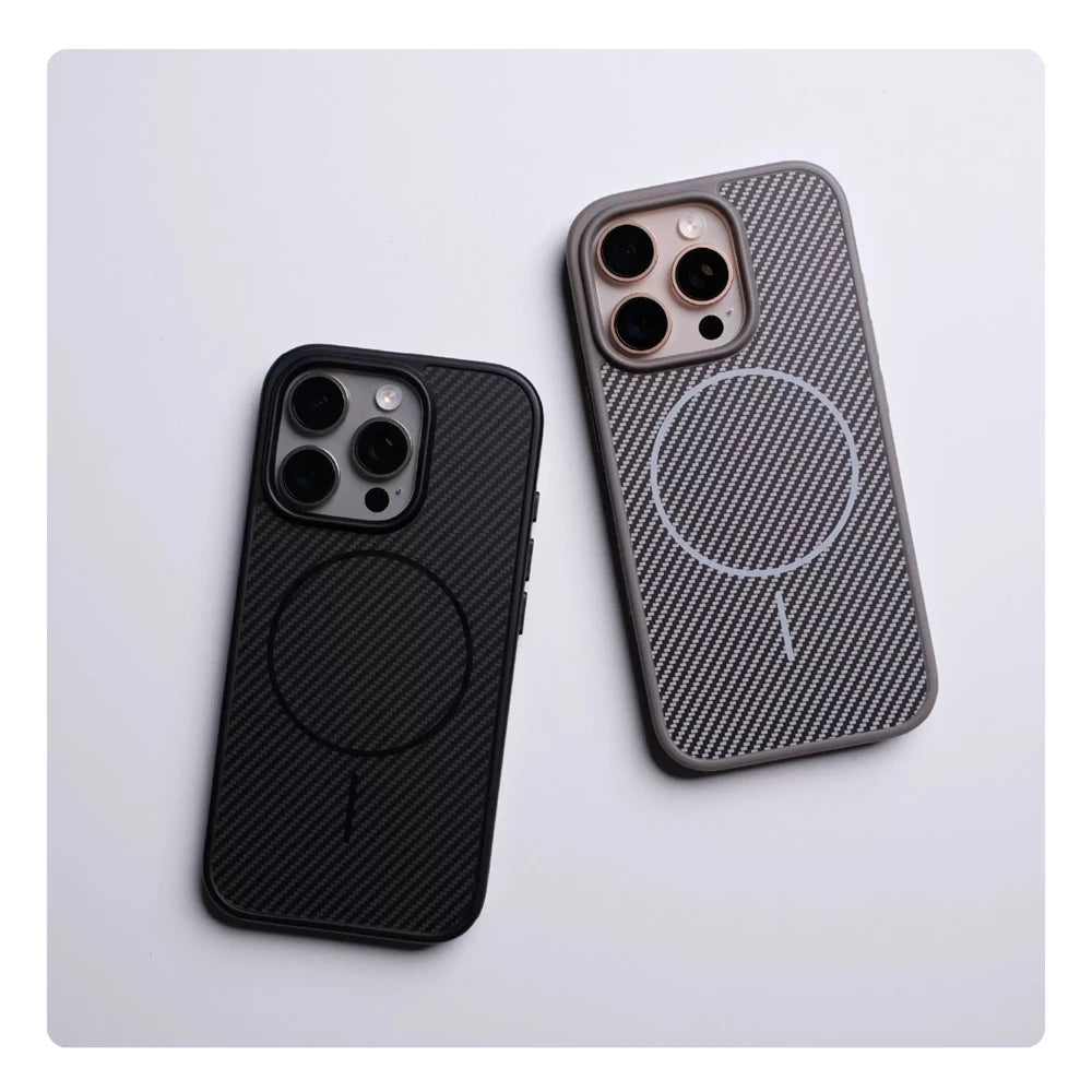 Capa magnética com botão de câmera de toque ativo para iPhone 16 15 Pro Max 14 13 Padrão de fibra de carbono para capa de carregamento sem fio MagSafe