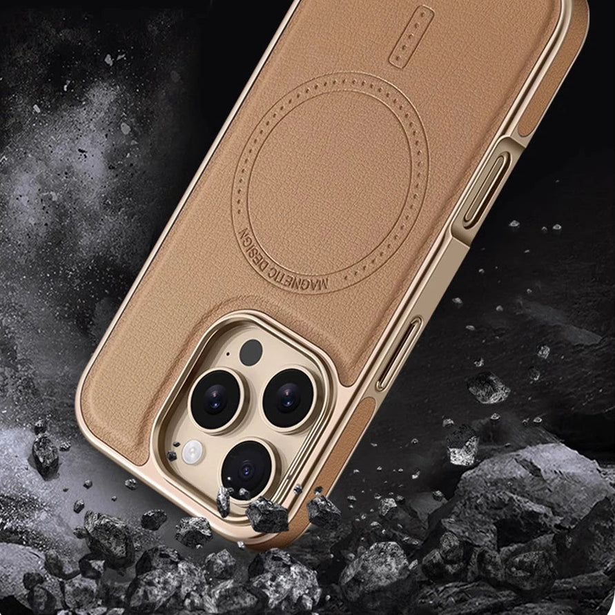 Negócios de luxo chapeamento couro do plutônio magnético pára-choques caso para iphone 17 ar 16 pro max 15 14 13 para magsafe capa à prova choque escudo