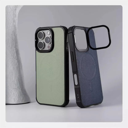 Suporte de lente de metal de couro de negócios caso magnético para iphone 16 pro max 15 14 plus 13 magsafe carregamento sem fio capa à prova de choque