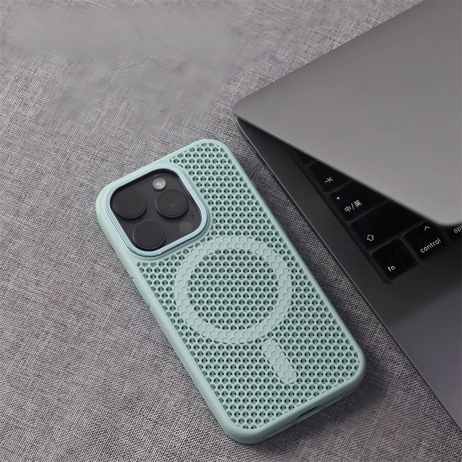 Malha de dissipação de calor para magsafe magnético caso de carga sem fio para iphone 16 15 14 plus 13 12 pro max armadura respirável capa