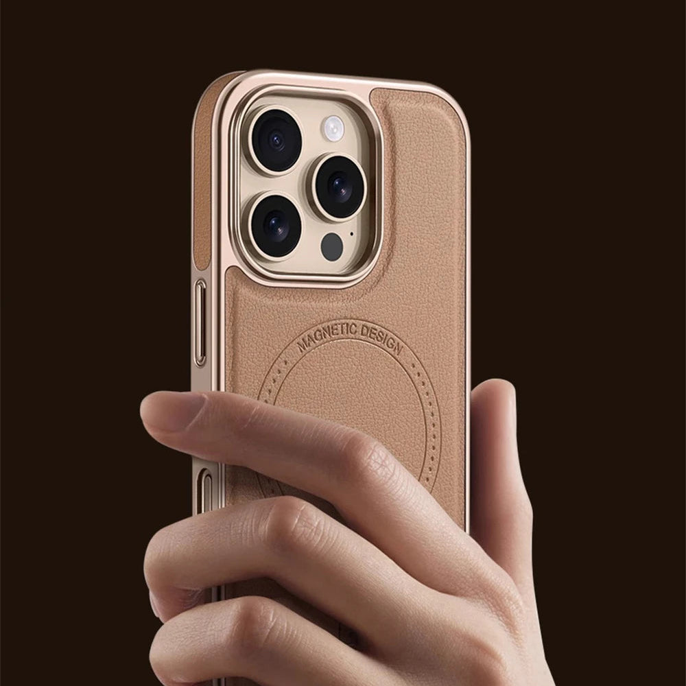 Negócios de luxo chapeamento couro do plutônio magnético pára-choques caso para iphone 17 ar 16 pro max 15 14 13 para magsafe capa à prova choque escudo