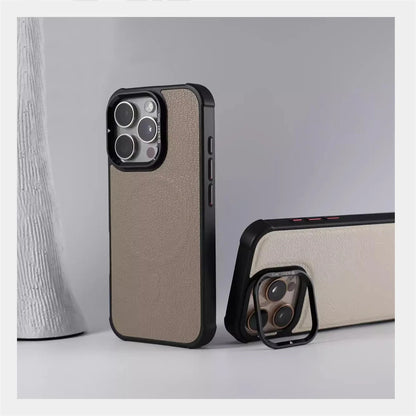 Suporte de lente de metal de couro de negócios caso magnético para iphone 16 pro max 15 14 plus 13 magsafe carregamento sem fio capa à prova de choque