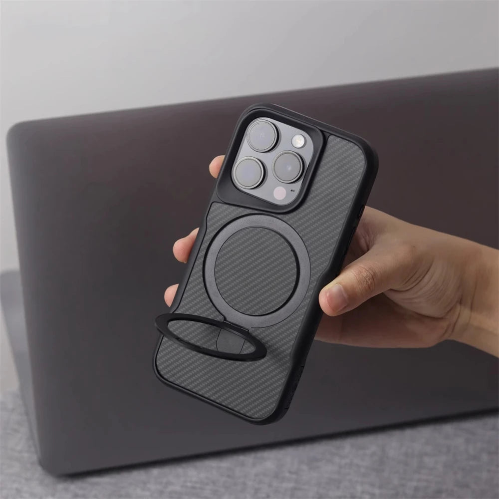 Padrão de fibra de carbono anel magnético titular pára-choques caso para iphone 17 17air 16 pro max 15 14 13 12 magsafe capa de carregamento sem fio